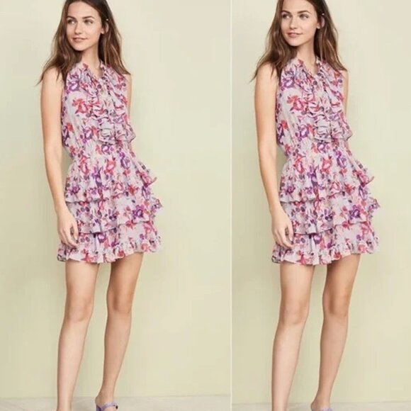 Misa‎ Los Angeles Imelda Pink Lilac Floral Tiered Ruffled Mini Dress Med - Picture 1 of 11